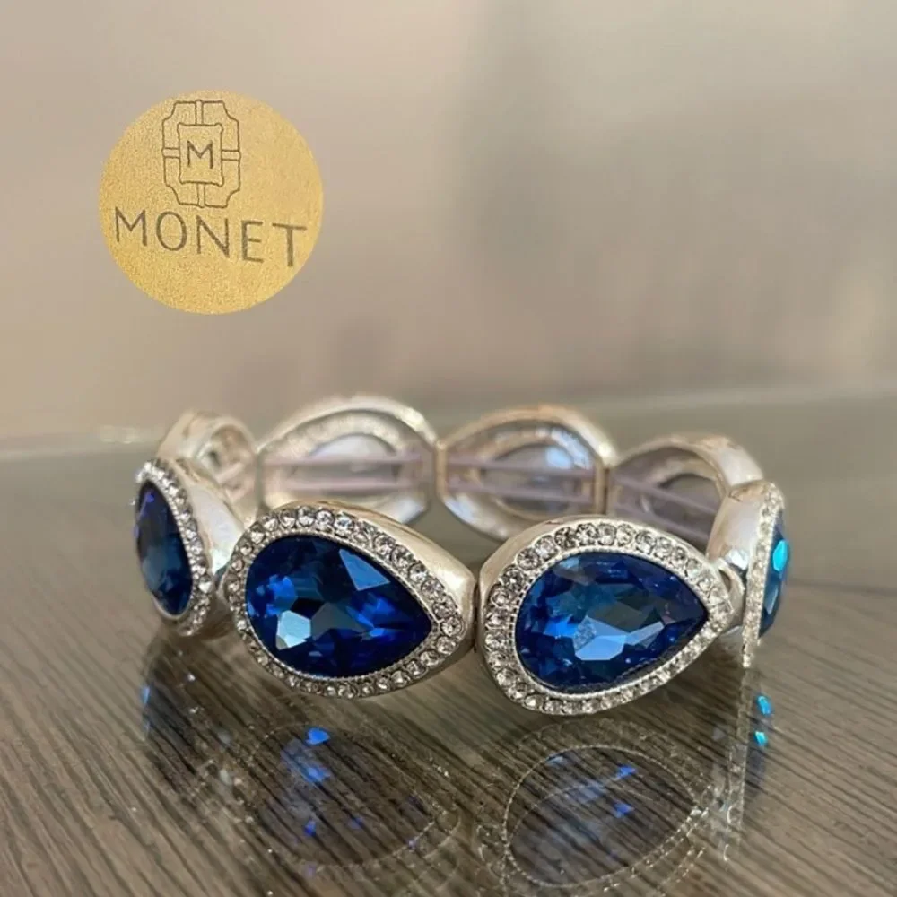 Monet Vintage Style Jewelry Silver Tone Stretch Bracelet Blue Rhinestones